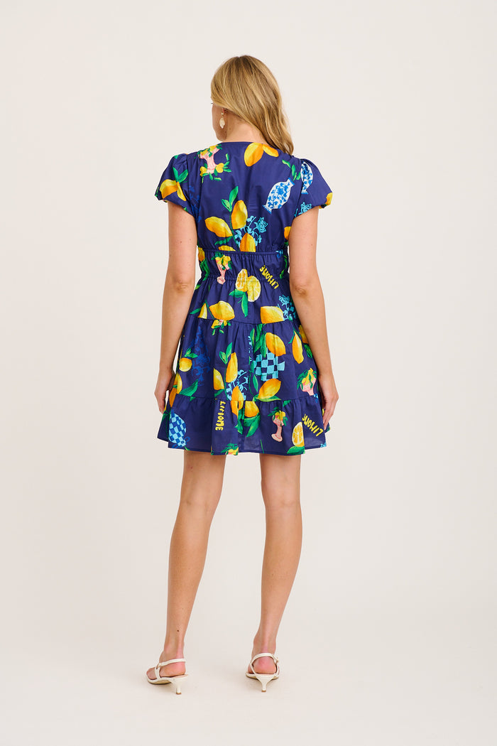 Ravello Dress in Navy Lemon Print Cotton back