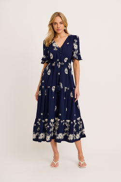 Jaliyah Maxi Dress in Navy with White Embroidery full length