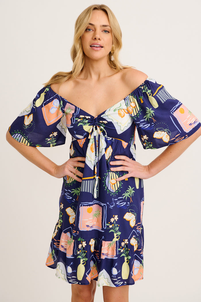 Wilda Dress in Navy Multi Print front off shoulder