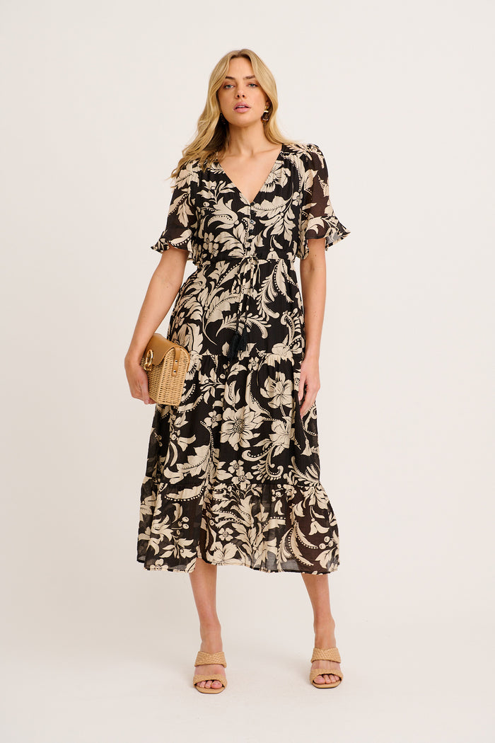 Zaelle Midi Dress in Black with Cream Floral full length