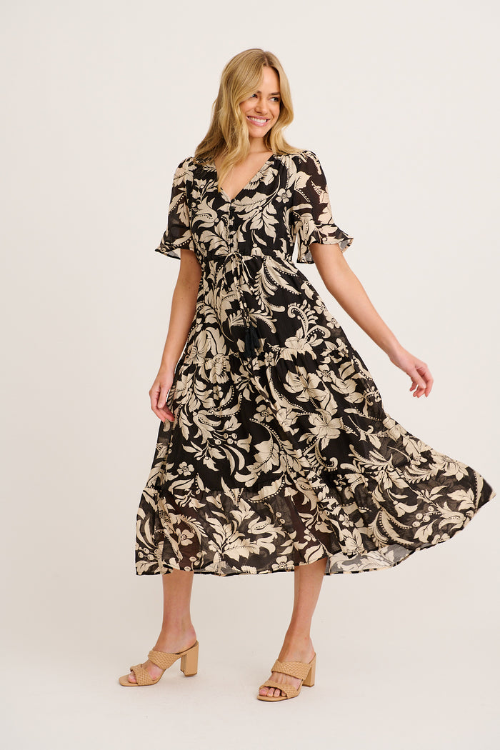 Zaelle Midi Dress in Black with Cream Floral side