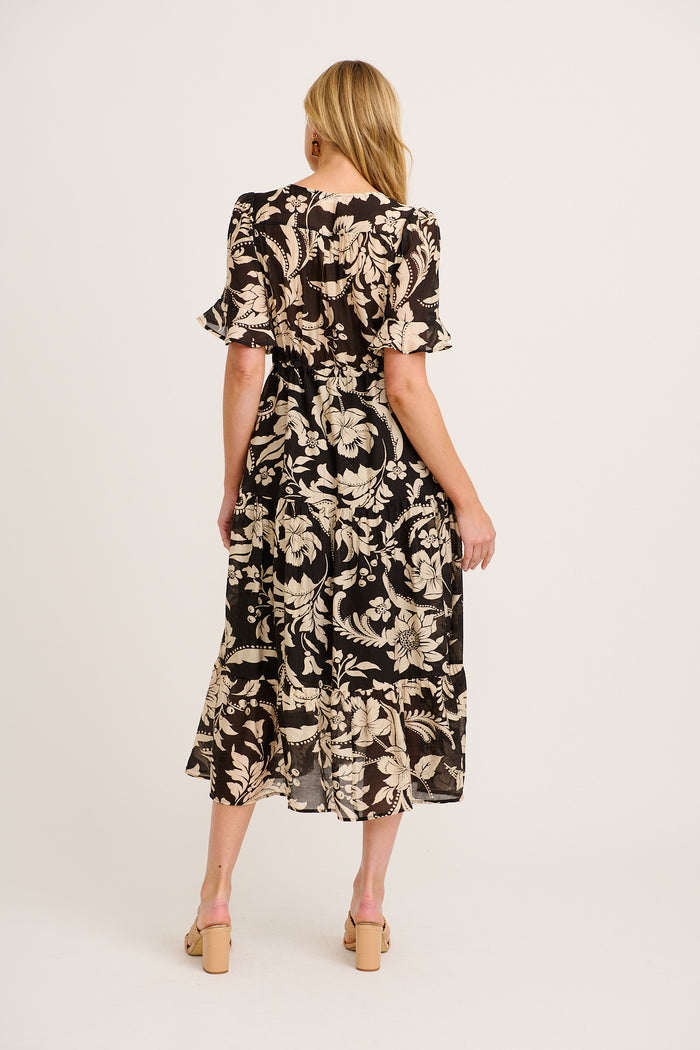 Zaelle Midi Dress in Black with Cream Floral back