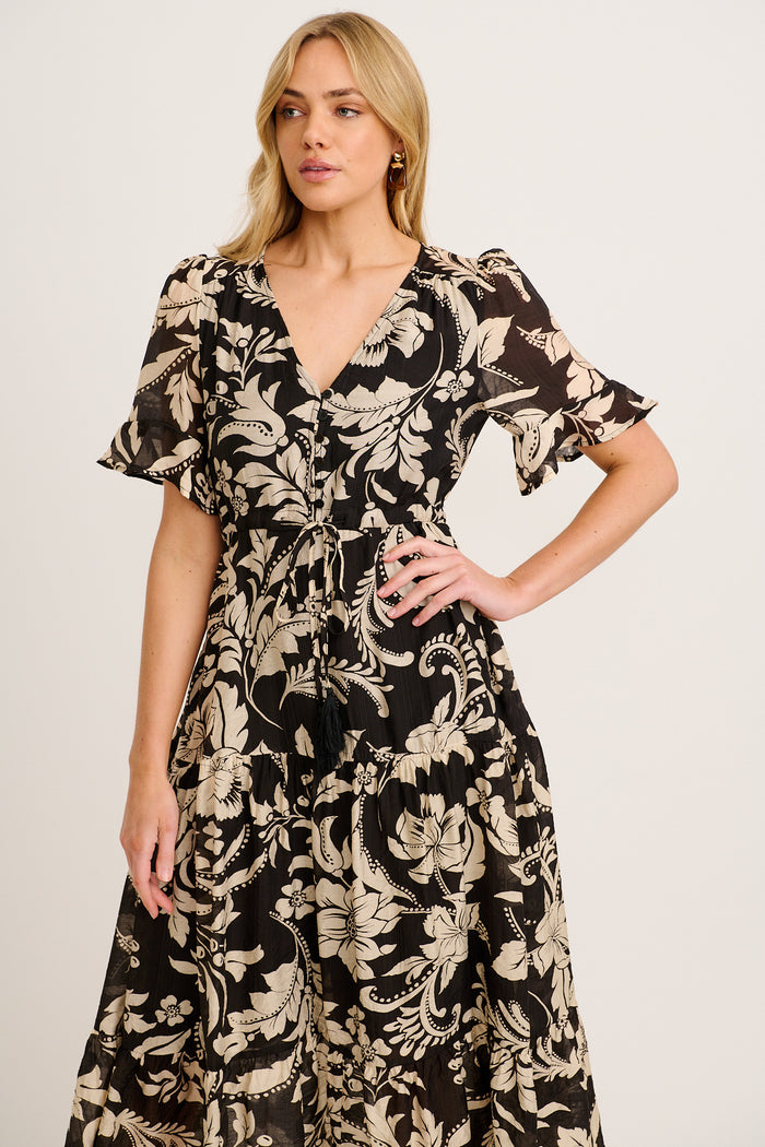 Zaelle Midi Dress in Black with Cream Floral front