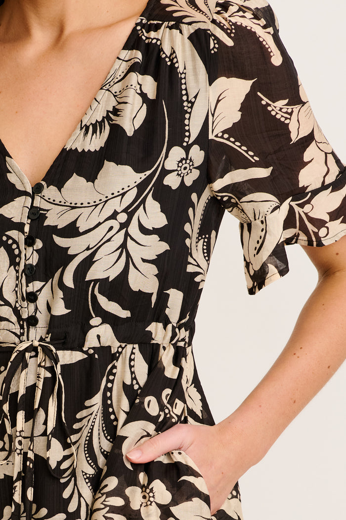 Zaelle Midi Dress in Black with Cream Floral detail