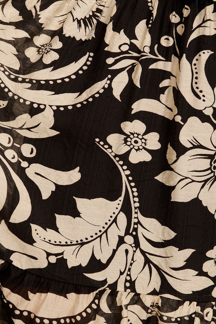 Zaelle Midi Dress in Black with Cream Floral fabric
