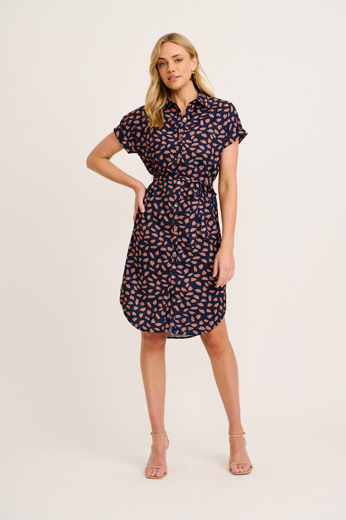 Maddison Shirt Dress in Navy with Rust Leaf
