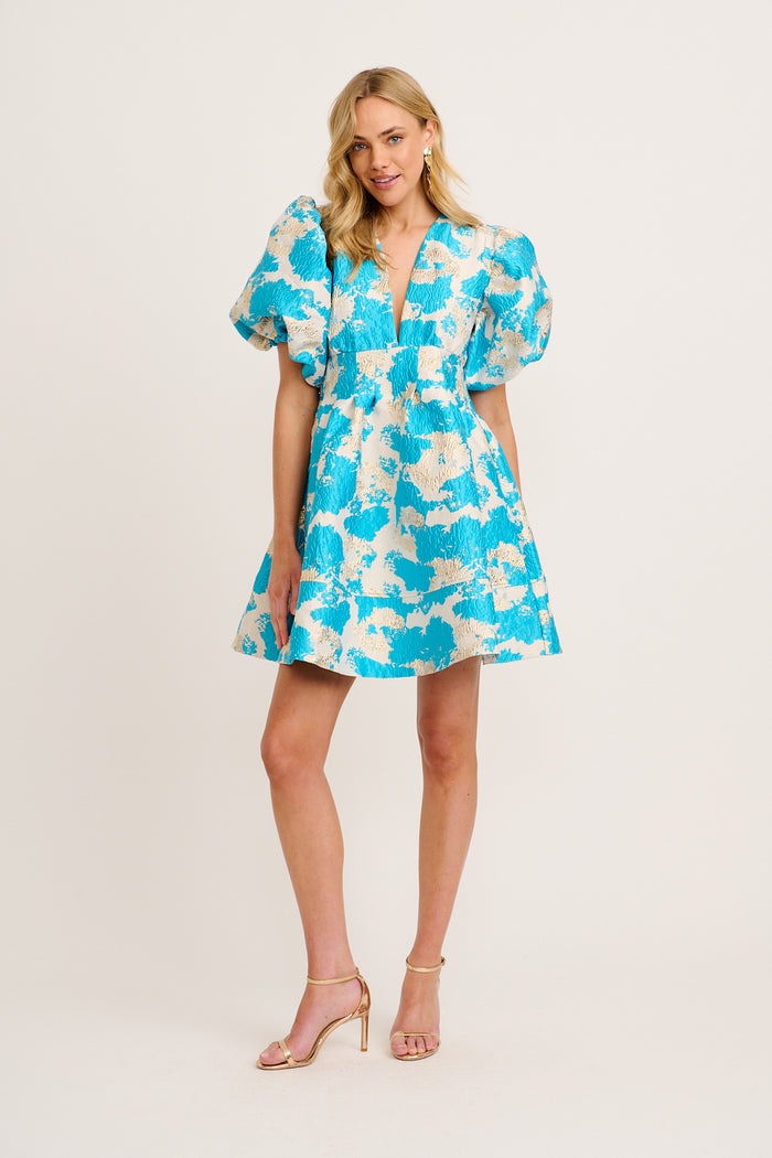 Paris Dreamer Dress In Pale Gold With Aqua Jacquard