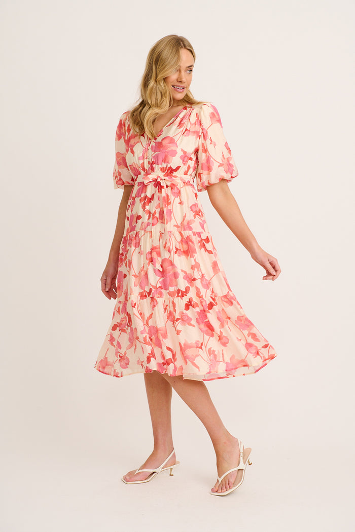 Maja Midi Dress in Cream with Pink Floral side