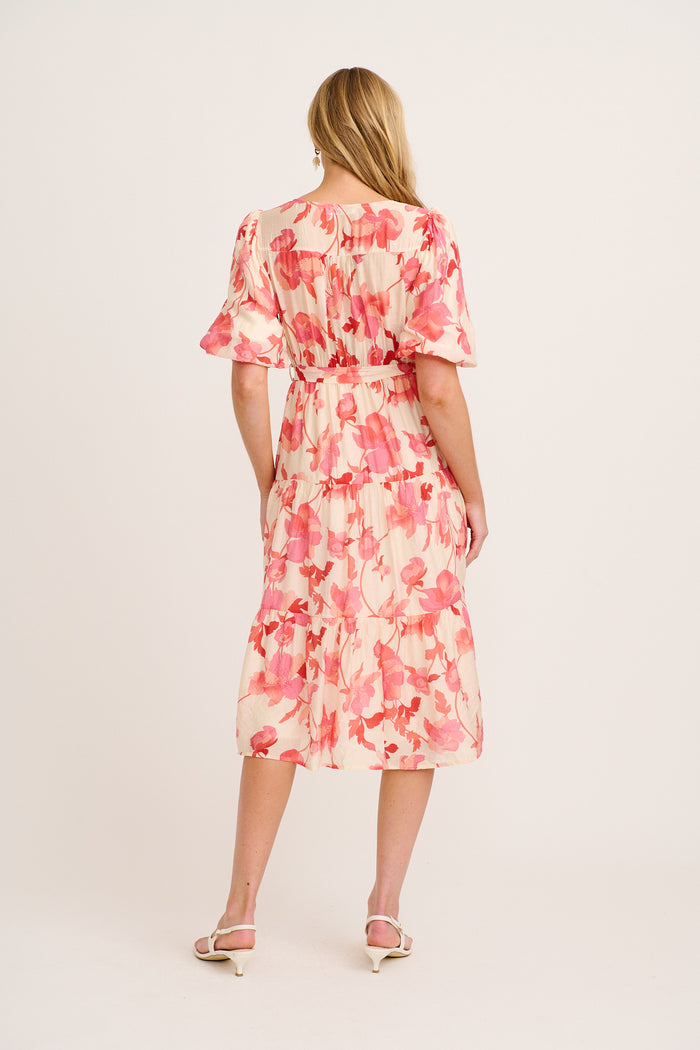 Maja Midi Dress in Cream with Pink Floral back