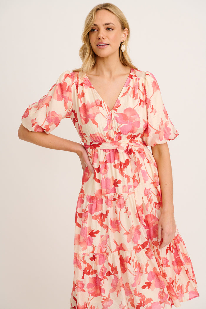 Maja Midi Dress in Cream with Pink Floral front