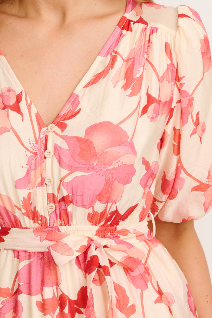 Maja Midi Dress in Cream with Pink Floral detail