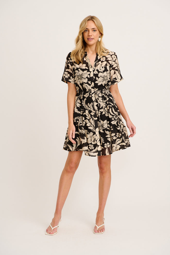 Rixie Dress in Black with Cream Floral full length