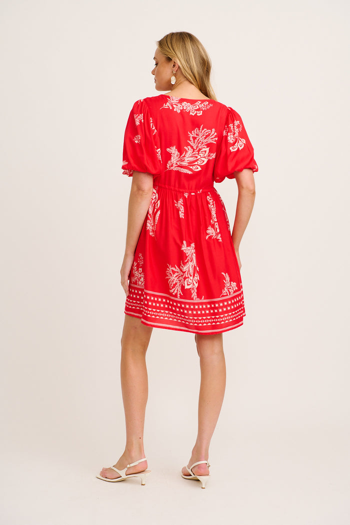 Elka Dress in Red with Cream Leaf Print back