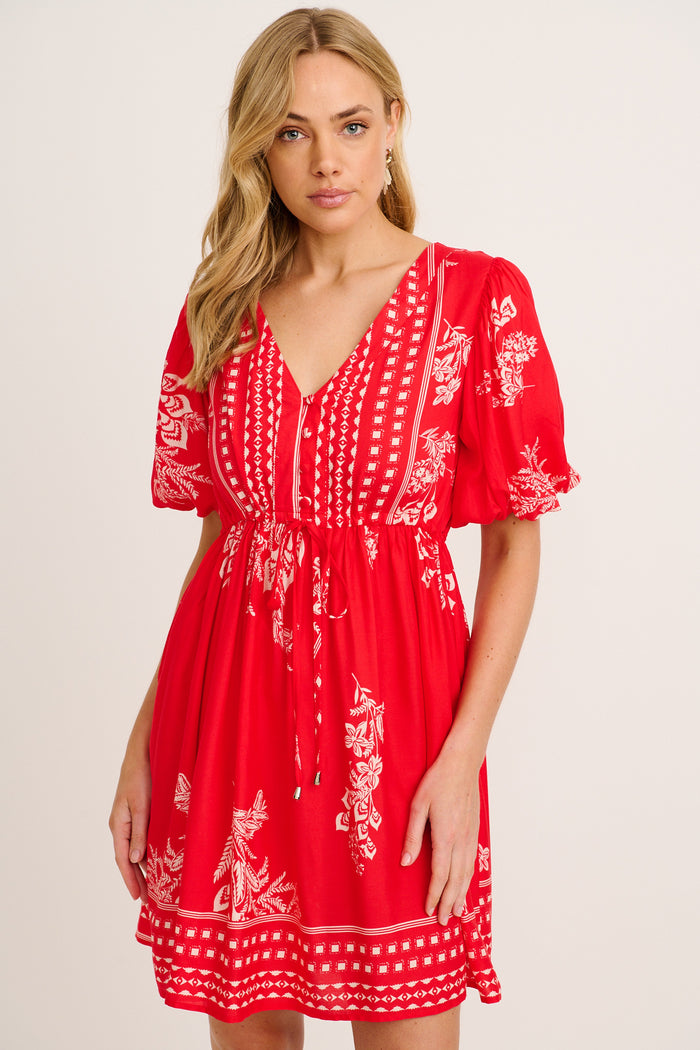 Elka Dress in Red with Cream Leaf Print front