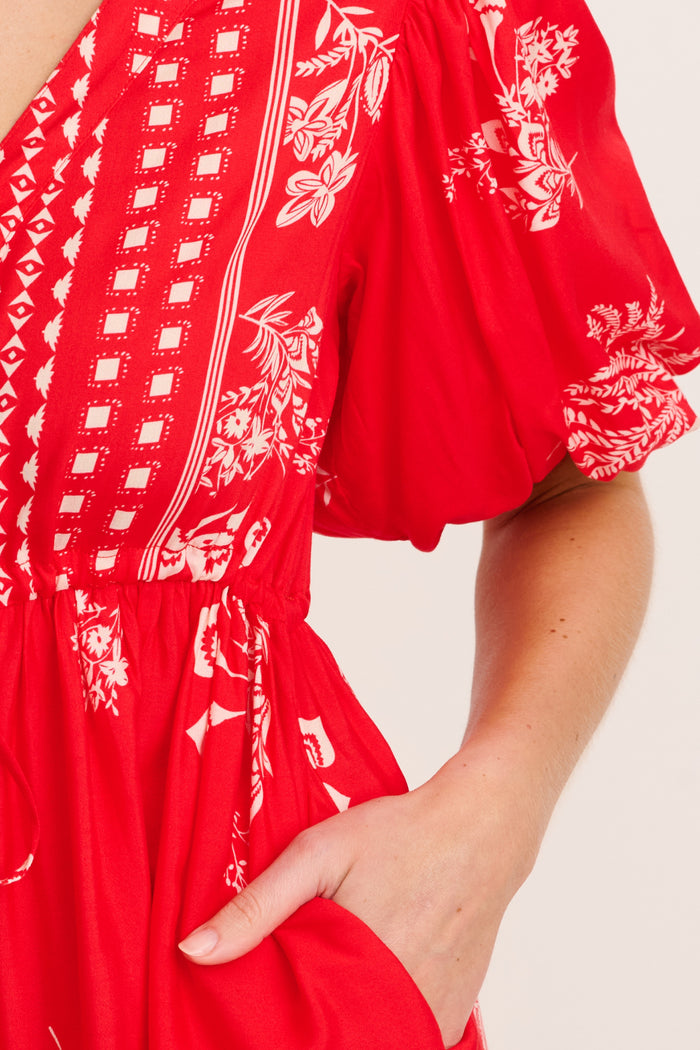 Elka Dress in Red with Cream Leaf Print detail