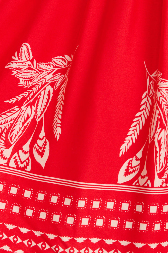 Elka Dress in Red with Cream Leaf Print fabric