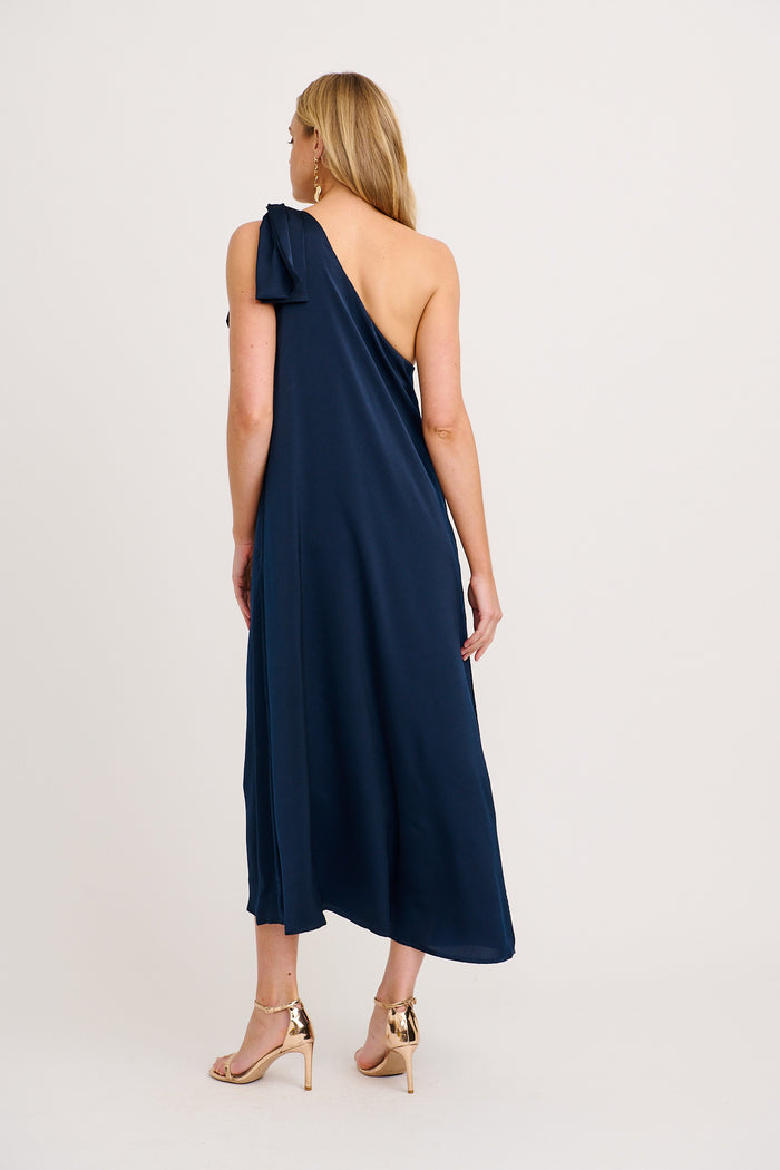 Loyality One Shoulder Maxi Dress in Navy Satin back