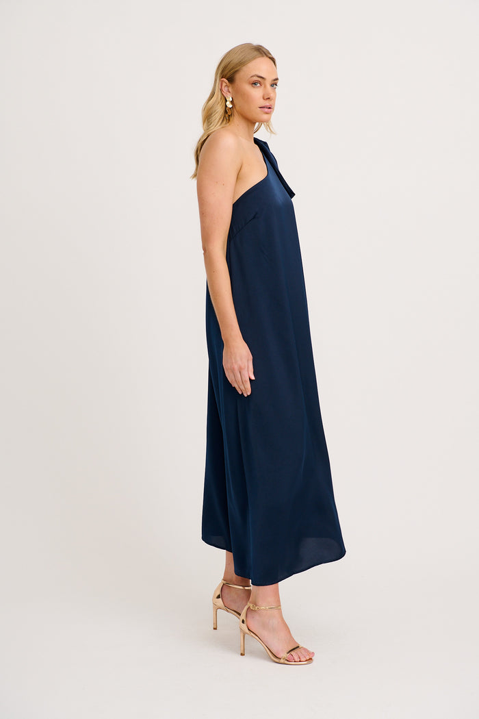 Loyality One Shoulder Maxi Dress in Navy Satin side