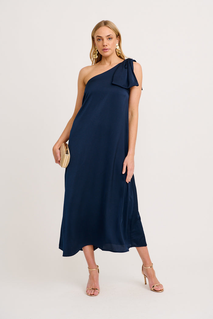 Loyality One Shoulder Maxi Dress in Navy Satin full length