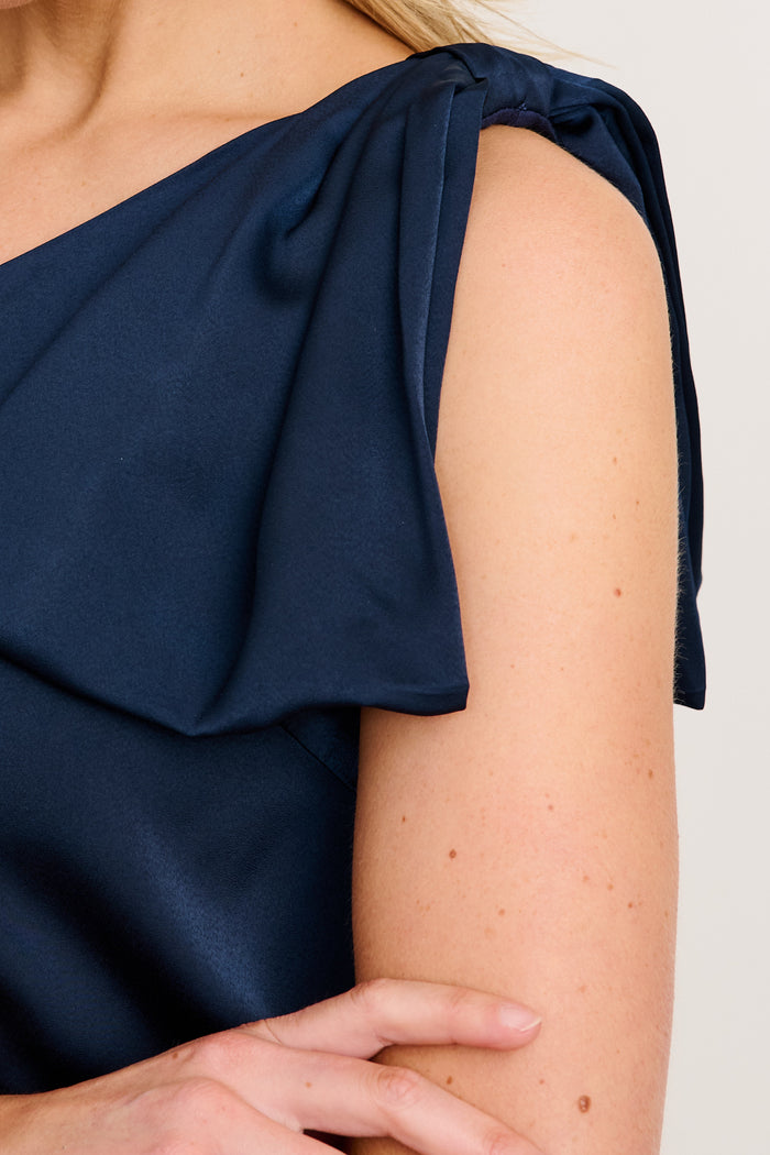 Loyality One Shoulder Maxi Dress in Navy Satin detail