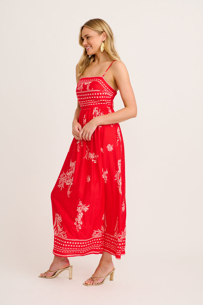 Jordonna Maxi Sundress in Red with Cream Leaf Print side