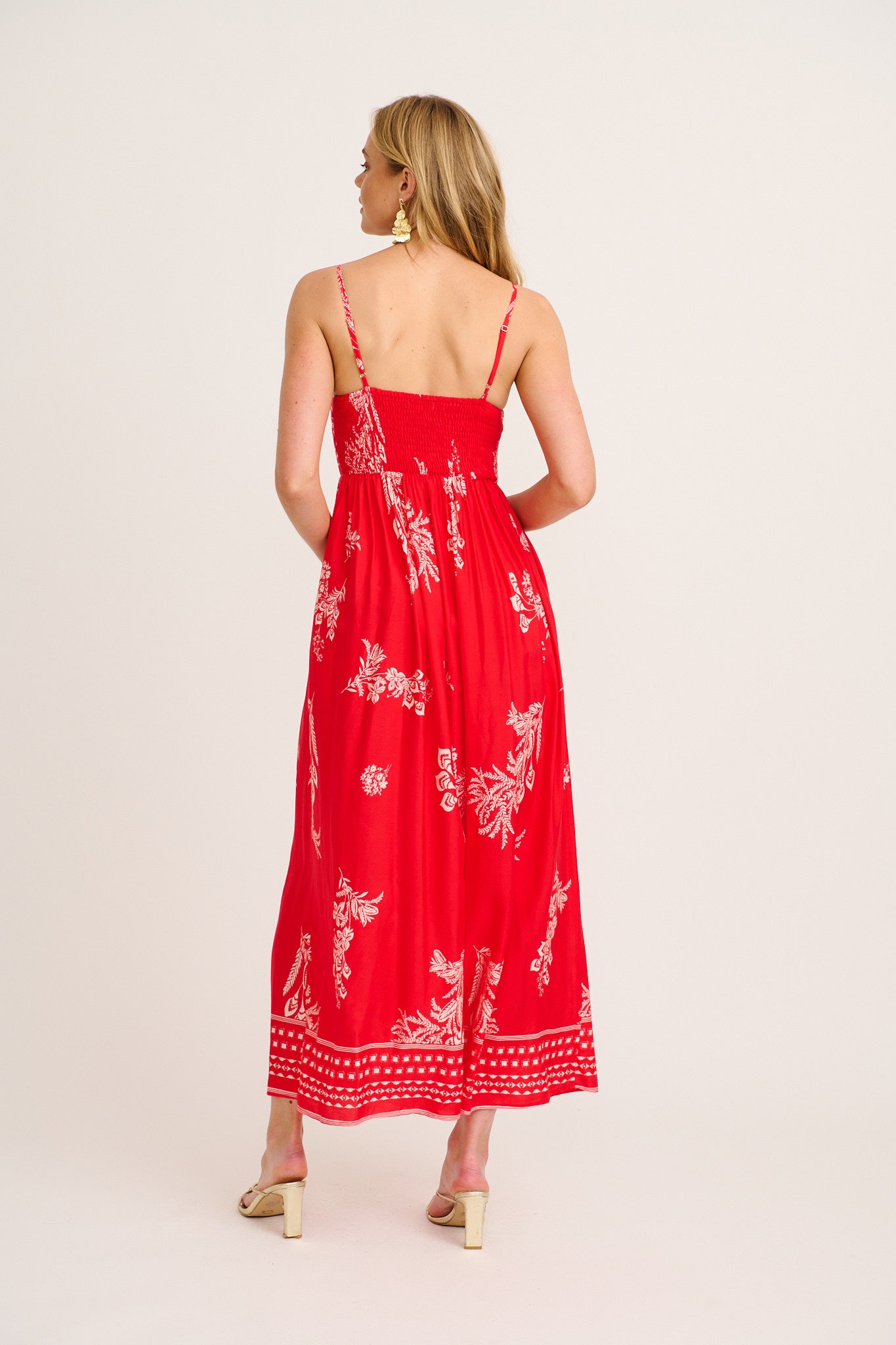 Jordonna Maxi Sundress in Red with Cream Leaf Print