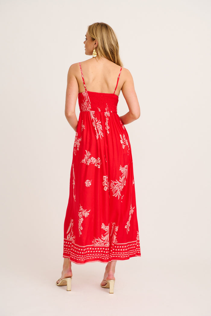 Jordonna Maxi Sundress in Red with Cream Leaf Print back