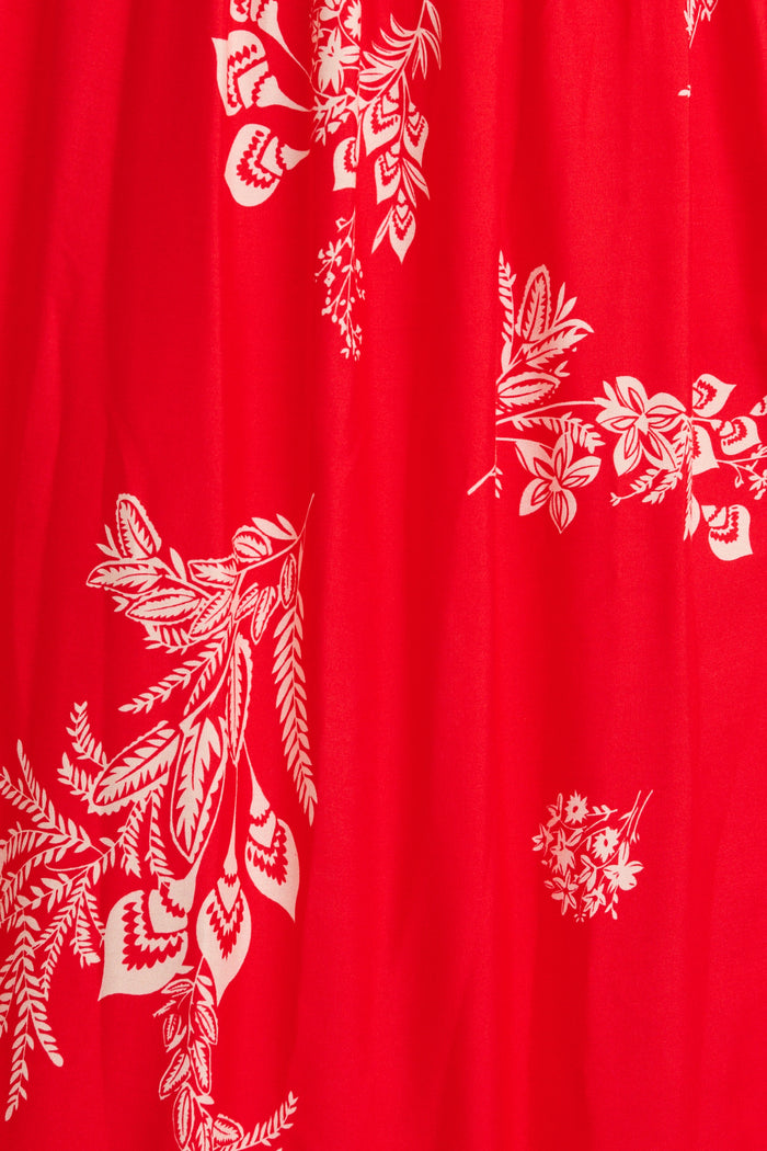 Jordonna Maxi Sundress in Red with Cream Leaf Print fabric