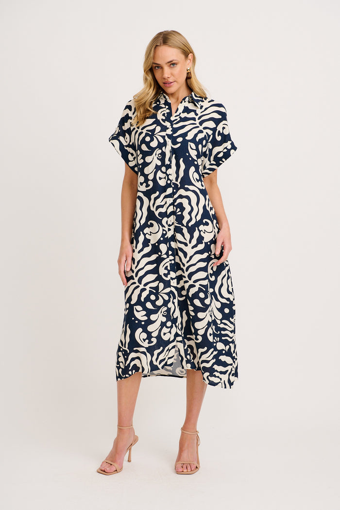 Hartlee Midi Shirt Dress in Navy and Cream Leaf Linen Blend