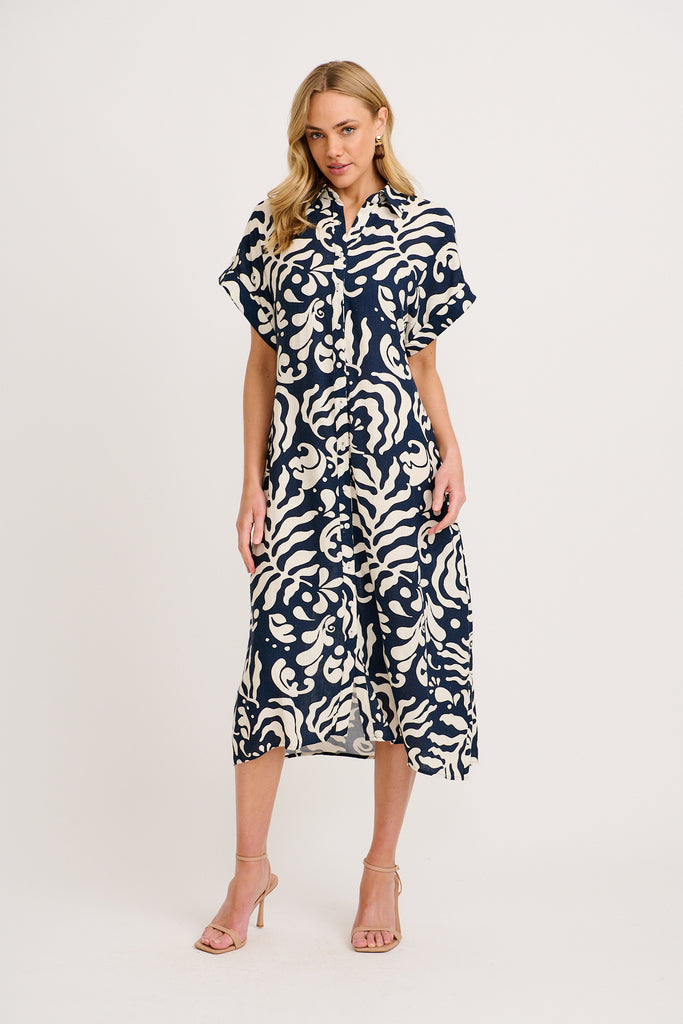 Hartlee Midi Shirt Dress in Navy and Cream Leaf Linen Blend