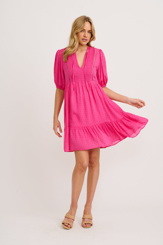Tanica Smock Dress in Hot Pink Swiss Dot full length
