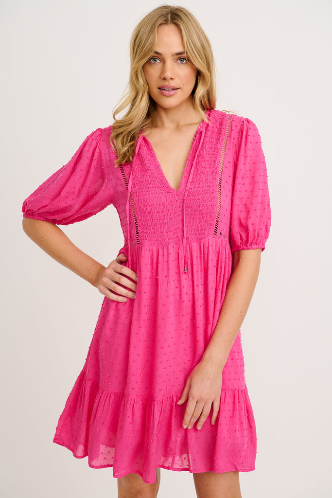 Tanica Smock Dress in Hot Pink Swiss Dot front