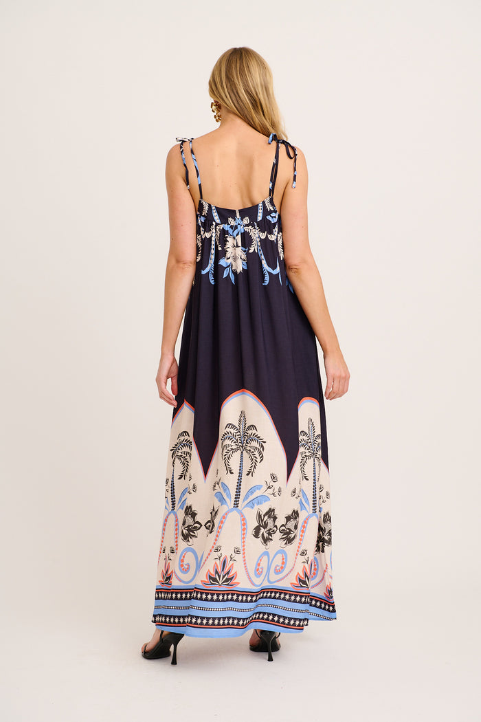 Summer Loving Maxi Sundress in Navy with Palm Tree Print back