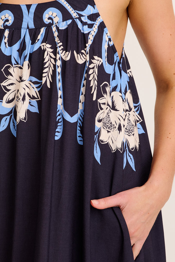 Summer Loving Maxi Sundress in Navy with Palm Tree Print detail