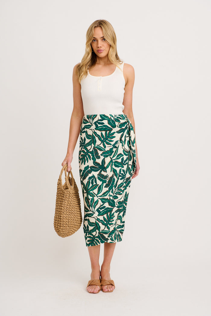 Tanis Midi Wrap Skirt in Emerald and Cream Leaf Linen Blend full length