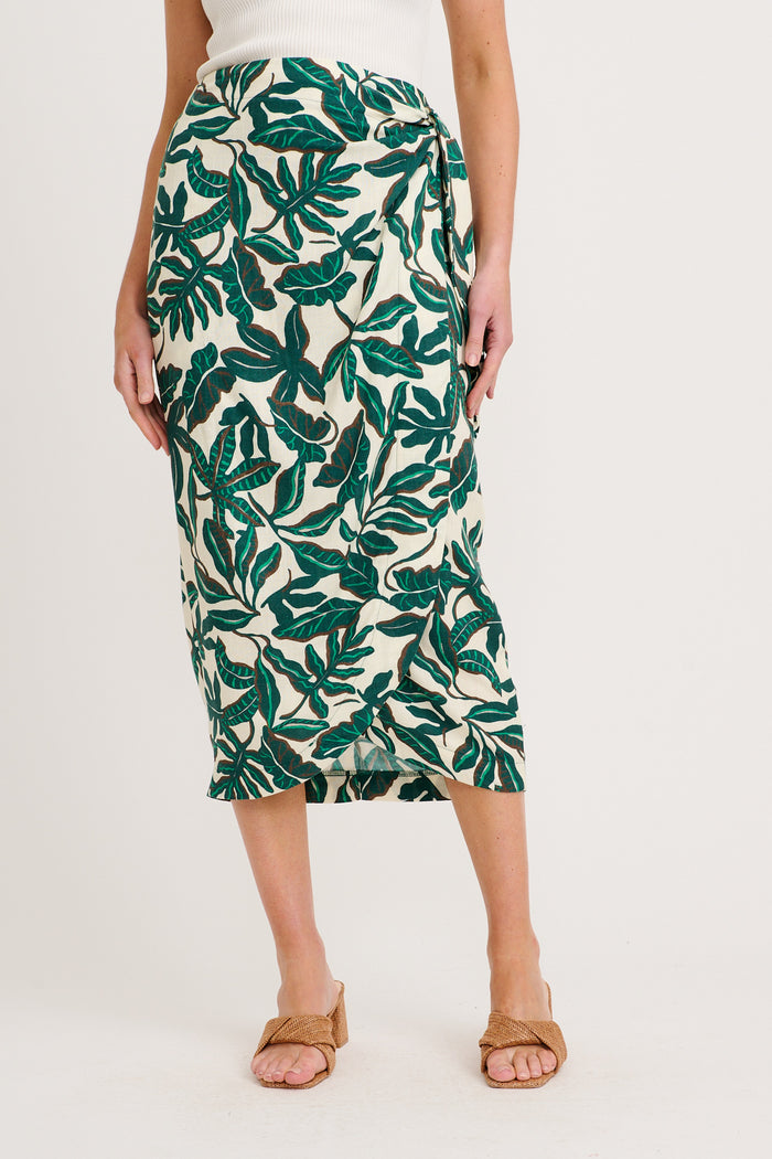 Tanis Midi Wrap Skirt in Emerald and Cream Leaf Linen Blend front