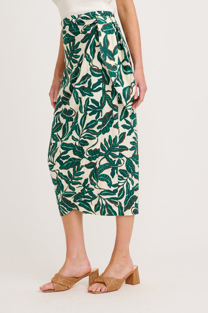 Tanis Midi Wrap Skirt in Emerald and Cream Leaf Linen Blend side