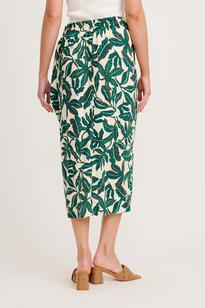 Tanis Midi Wrap Skirt in Emerald and Cream Leaf Linen Blend back