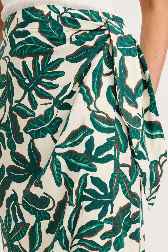 Tanis Midi Wrap Skirt in Emerald and Cream Leaf Linen Blend detail