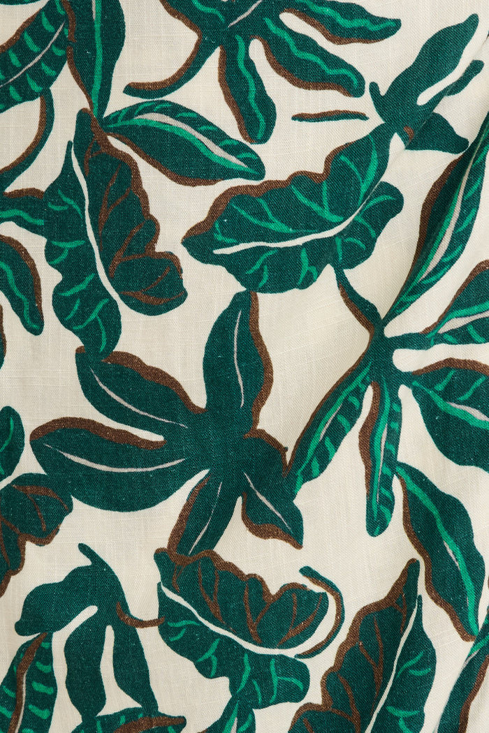 Tanis Midi Wrap Skirt in Emerald and Cream Leaf Linen Blend fabric