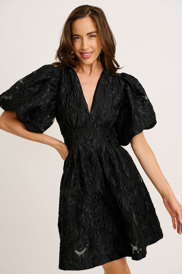 Paris Dreamer Dress in Black Floral Organza Jacquard front