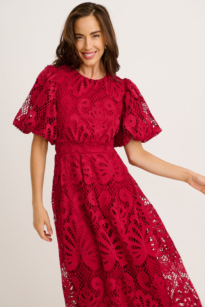 Ethereal Whisper Lace Maxi Dress in Wine front