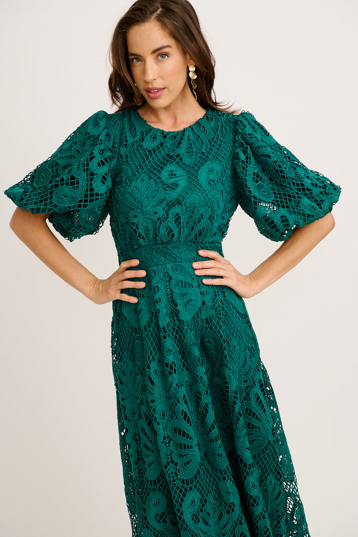 Ethereal Whisper Lace Maxi Dress in Emerald front