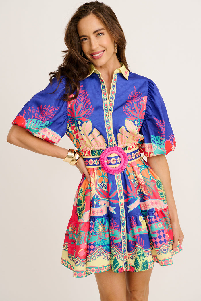 Tropic Haze Shirt Dress in Blue with Multi Print Linen Blend front