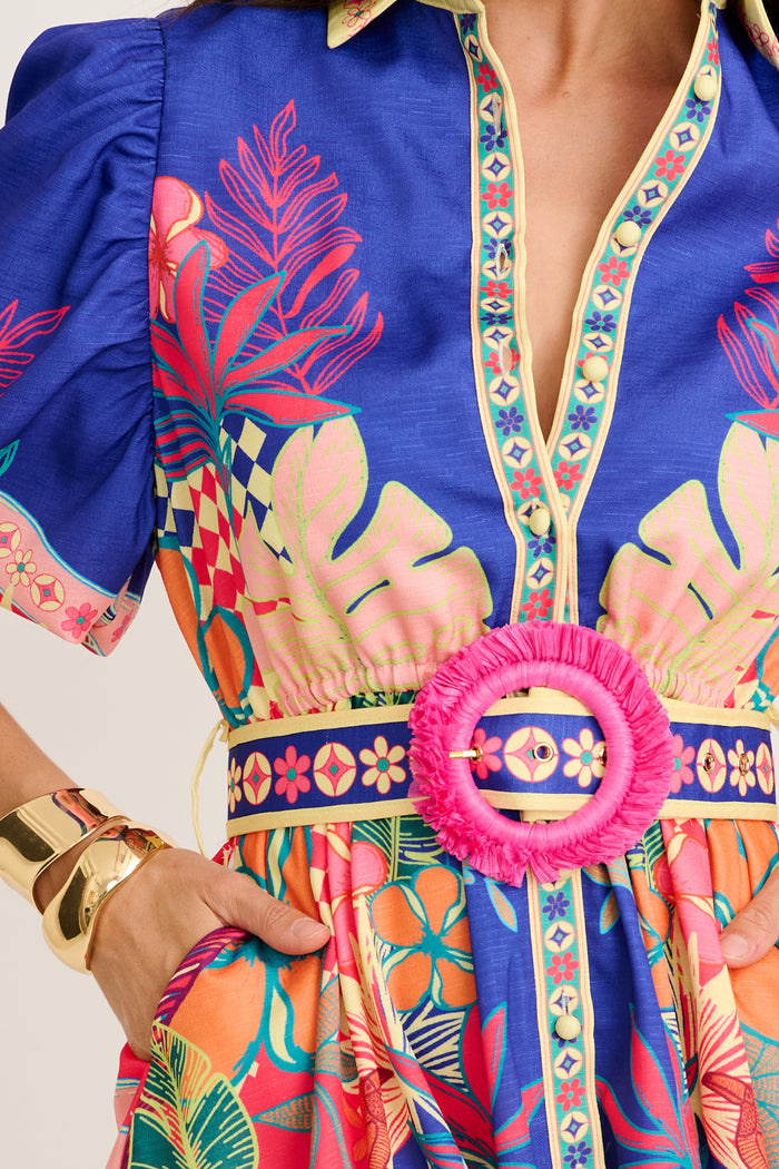 Tropic Haze Shirt Dress in Blue with Multi Print Linen Blend detail
