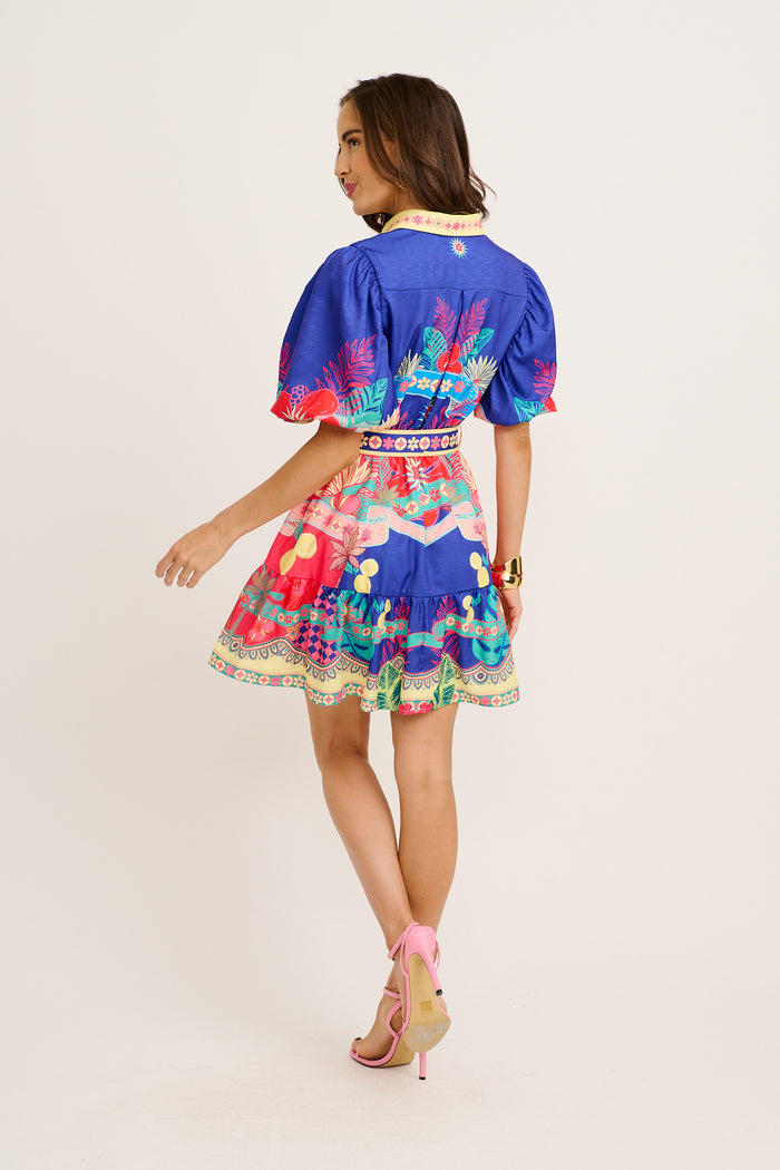 Tropic Haze Shirt Dress in Blue with Multi Print Linen Blend back