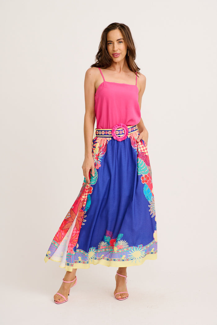 Tropic Drift Maxi Skirt in Blue with Multi Print Linen Blend full length