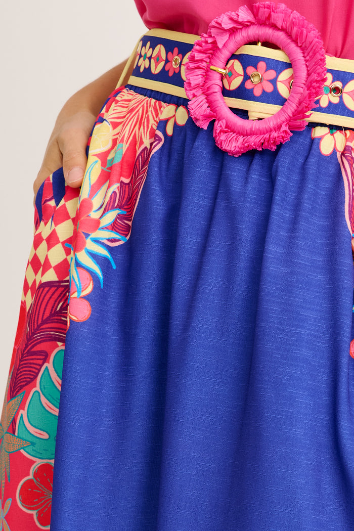 Tropic Drift Maxi Skirt in Blue with Multi Print Linen Blend detail