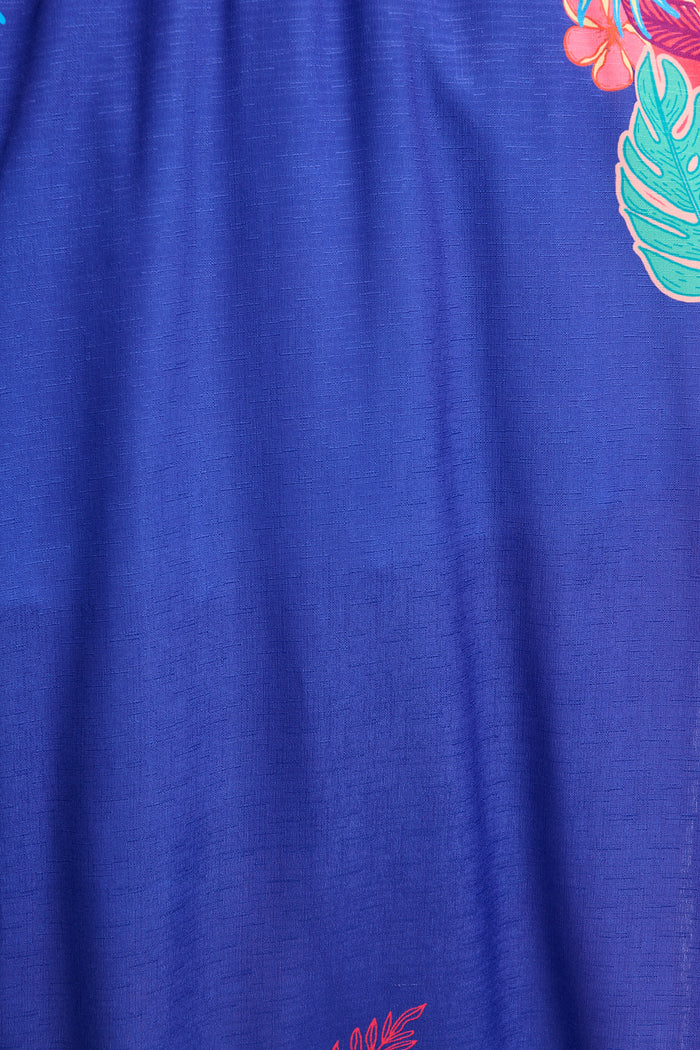 Tropic Drift Maxi Skirt in Blue with Multi Print Linen Blend fabric