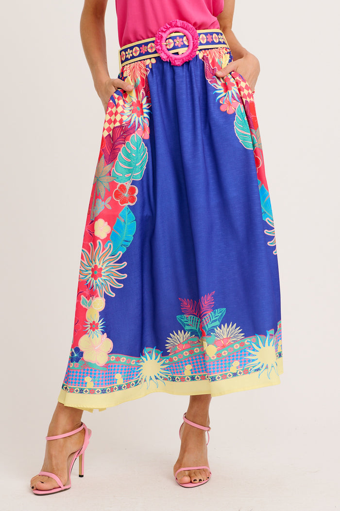 Tropic Drift Maxi Skirt in Blue with Multi Print Linen Blend front